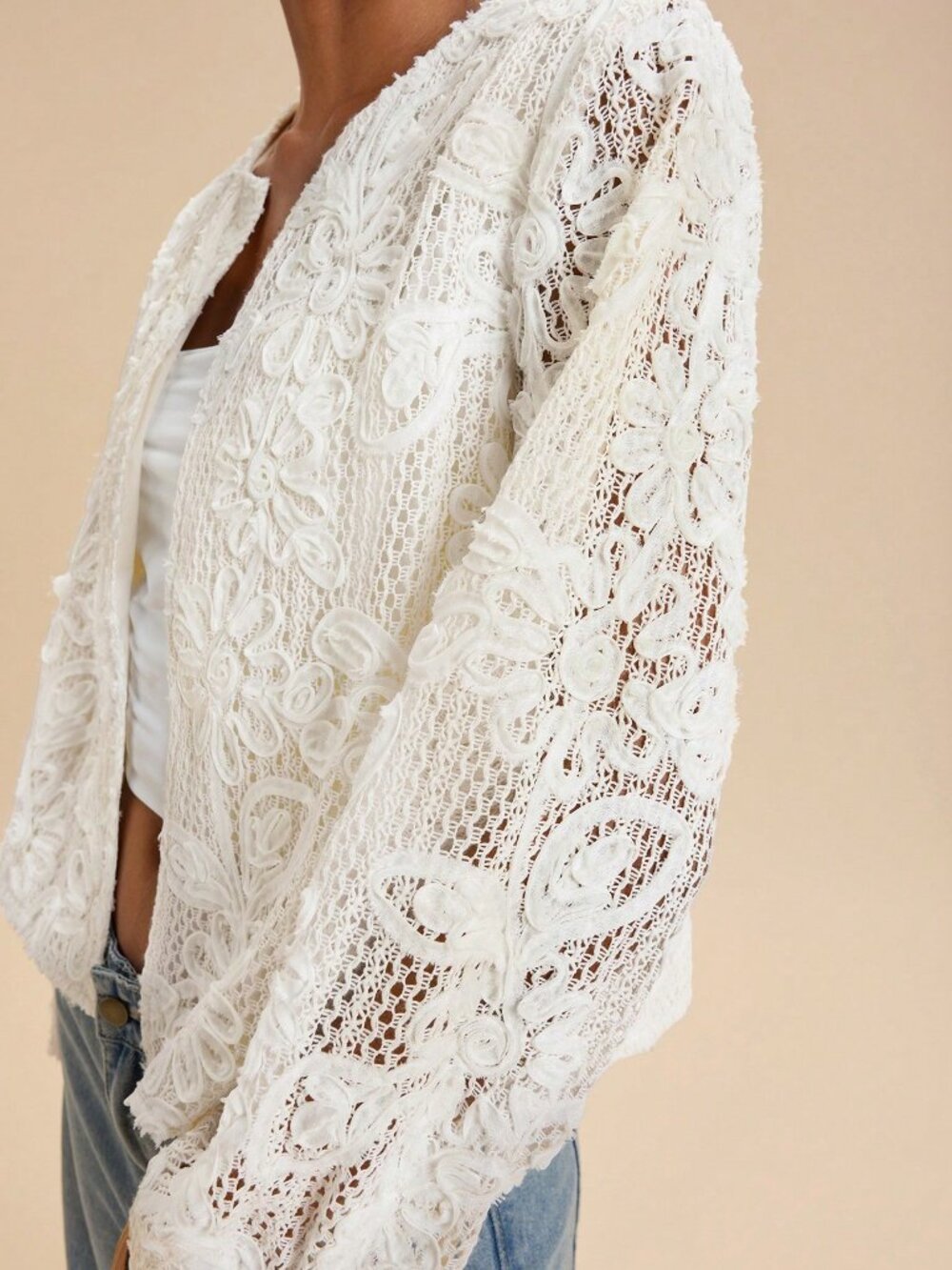 Apricot Casual Women's Floral Textured Long Sleeve Open Front Jacket - Picture 6 of 8